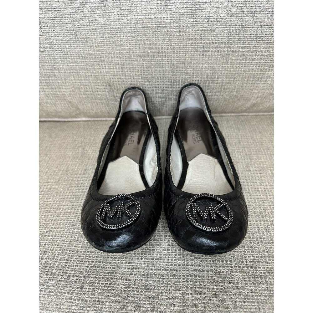 Michael Kors Fulton Black Quilted Leather Ballet Flat Shoes Silver MK Women’s 5
